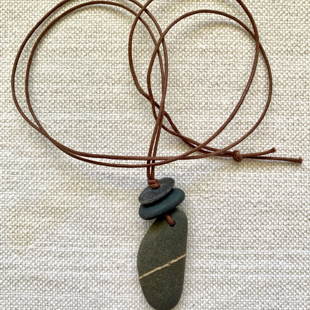 Gray Stone Pendant Necklace with Brown Cord - Picture 3 of 4